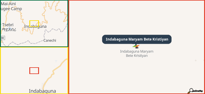 Map showing the address of Indabaguna Maryam Bete Kristiyan in three different zoom levels.