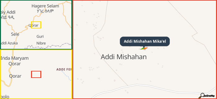 Map showing the address of Addi Mishahan Mika'el in three different zoom levels.