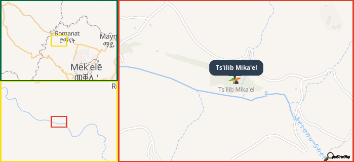 Map showing the address of Ts'ilib Mika'el in three different zoom levels.