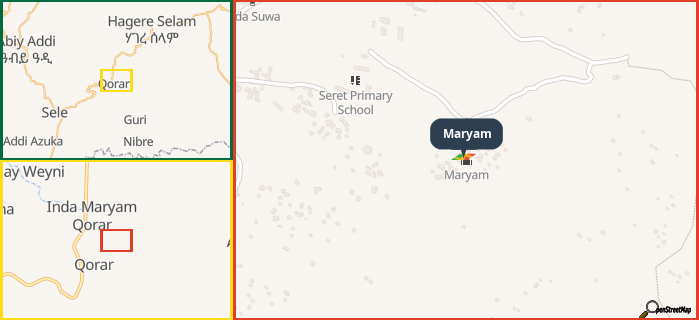Map showing the address of Maryam in three different zoom levels.
