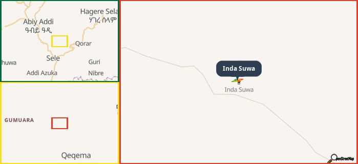 Map showing the address of Inda Suwa in three different zoom levels.