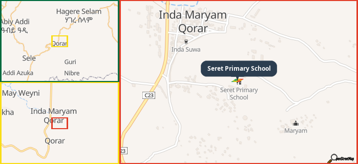 Map showing the address of Seret Primary School in three different zoom levels.