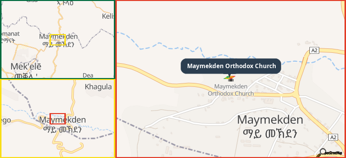 Map showing the address of Maymekden Orthodox Church in three different zoom levels.