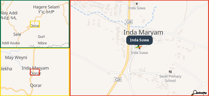 Map showing the address of Inda Suwa in three different zoom levels.