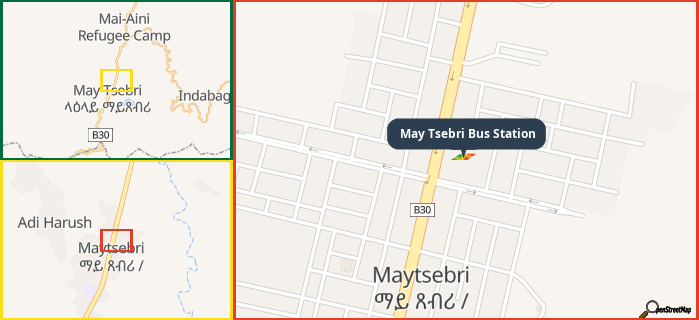 Map showing the address of May Tsebri Bus Station in three different zoom levels.