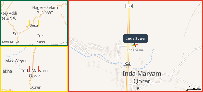 Map showing the address of Inda Suwa in three different zoom levels.
