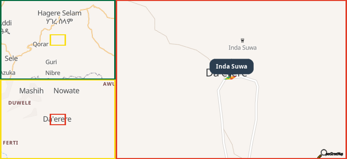 Map showing the address of Inda Suwa in three different zoom levels.