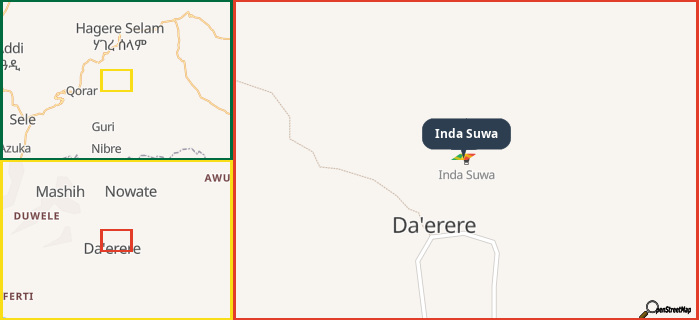 Map showing the address of Inda Suwa in three different zoom levels.