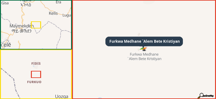 Map showing the address of Furkwa Medhane `Alem Bete Kristiyan in three different zoom levels.