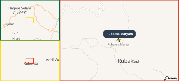 Map showing the address of Rubaksa Maryam in three different zoom levels.