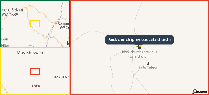 Map showing the address of Rock church (previous Lafa church) in three different zoom levels.