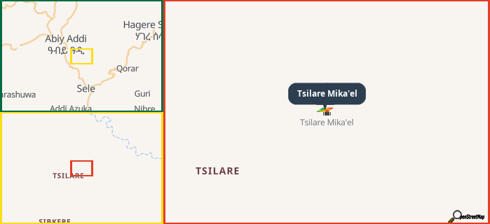 Map showing the address of Tsilare Mika'el in three different zoom levels.
