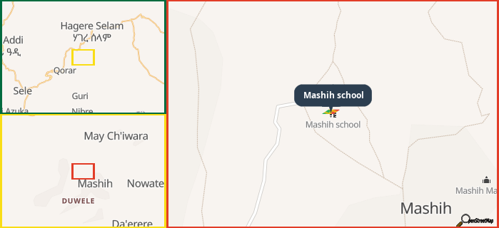 Map showing the address of Mashih school in three different zoom levels.