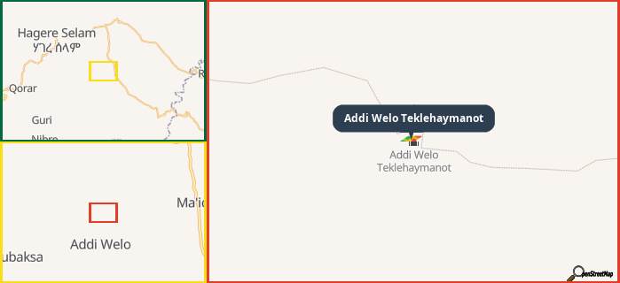 Map showing the address of Addi Welo Teklehaymanot in three different zoom levels.
