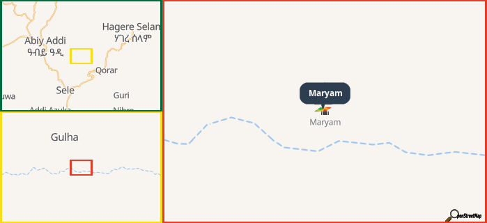 Map showing the address of Maryam in three different zoom levels.