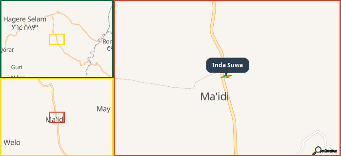 Map showing the address of Inda Suwa in three different zoom levels.