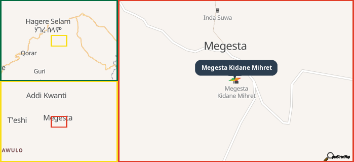 Map showing the address of Megesta Kidane Mihret in three different zoom levels.