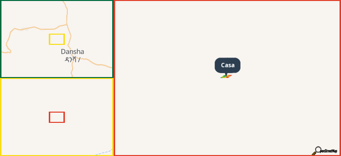 Map showing the address of Casa in three different zoom levels.