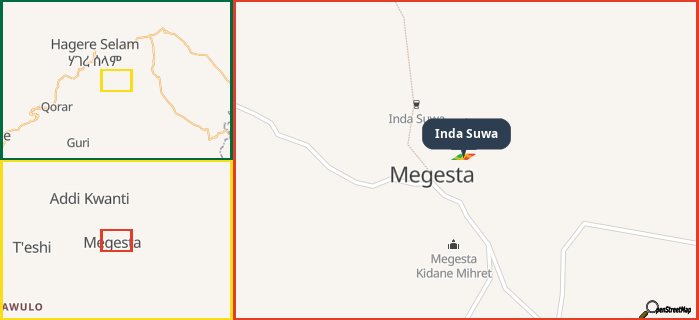 Map showing the address of Inda Suwa in three different zoom levels.