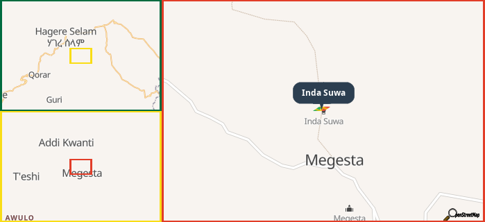 Map showing the address of Inda Suwa in three different zoom levels.