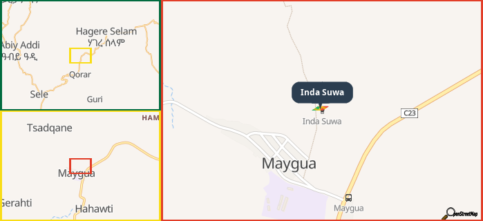 Map showing the address of Inda Suwa in three different zoom levels.