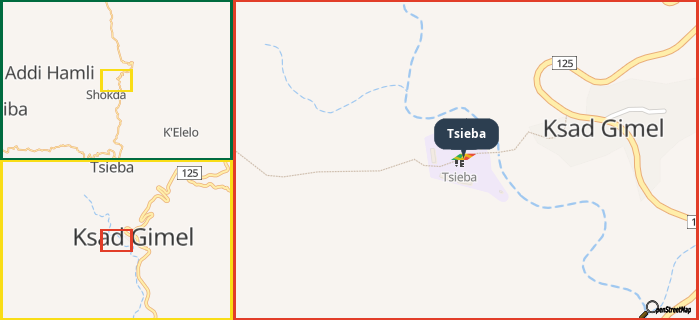 Map showing the address of Tsieba in three different zoom levels.