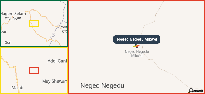 Map showing the address of Neged Negedu Mika'el in three different zoom levels.