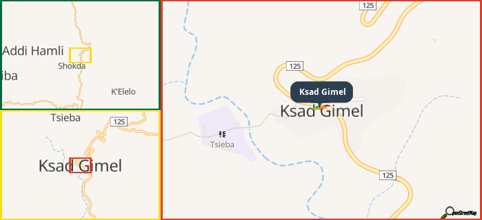 Map showing the address of Ksad Gimel in three different zoom levels.