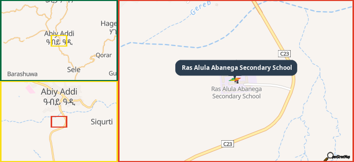 Map showing the address of Ras Alula Abanega Secondary School in three different zoom levels.
