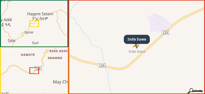 Map showing the address of Inda Suwa in three different zoom levels.