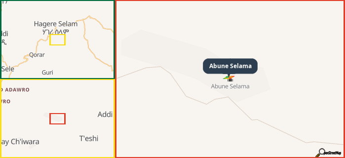 Map showing the address of Abune Selama in three different zoom levels.