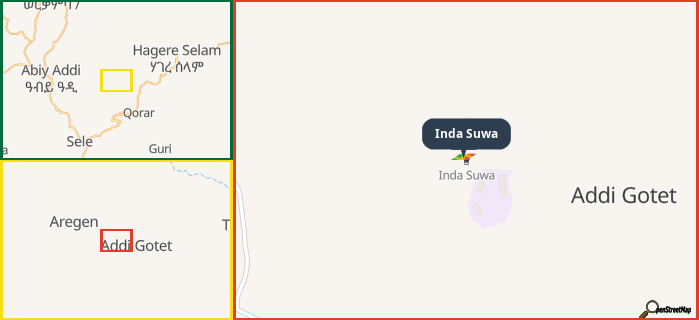 Map showing the address of Inda Suwa in three different zoom levels.