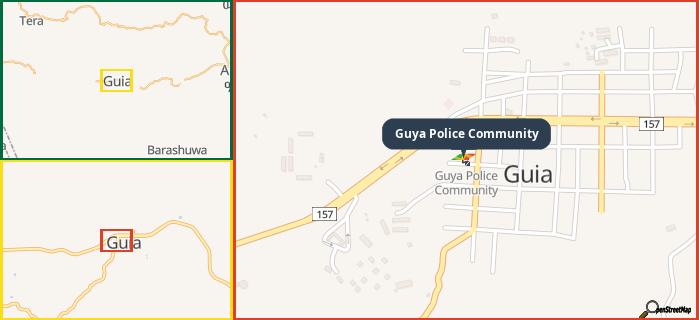 Map showing the address of Guya Police Community in three different zoom levels.