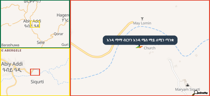 Map showing the address of እንዳ ማማ ብርሃን እንዳ ሜስ ማይ ለሚን ጣንቋ in three different zoom levels.