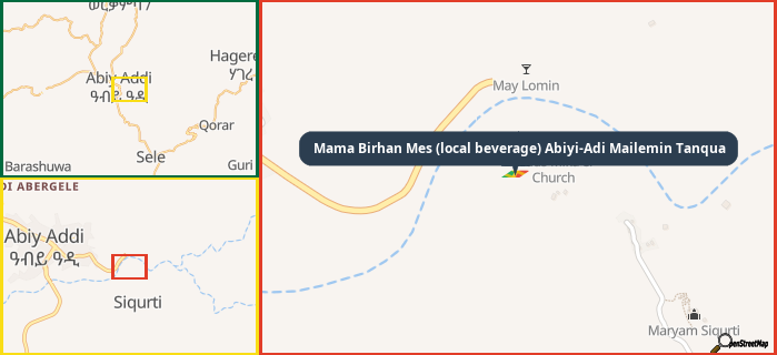 Map showing the address of Mama Birhan Mes (local beverage) Abiyi-Adi Mailemin Tanqua in three different zoom levels.