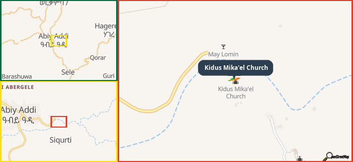 Map showing the address of Kidus Mika'el Church in three different zoom levels.