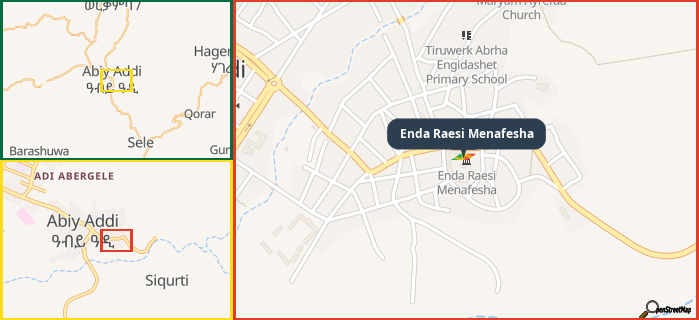 Map showing the address of Enda Raesi Menafesha in three different zoom levels.