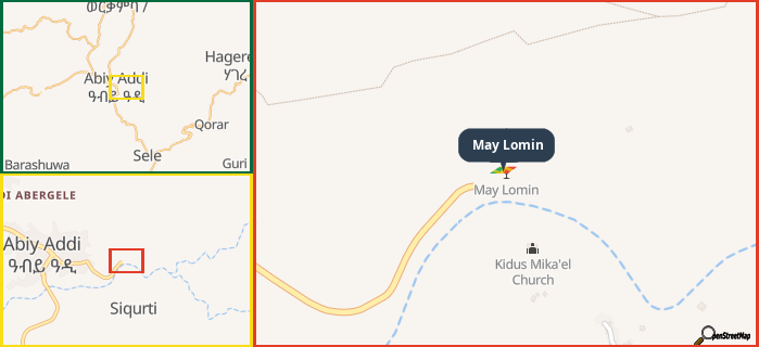 Map showing the address of May Lomin in three different zoom levels.