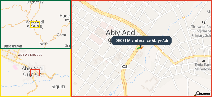 Map showing the address of DECSI Microfinance Abiyi-Adi in three different zoom levels.