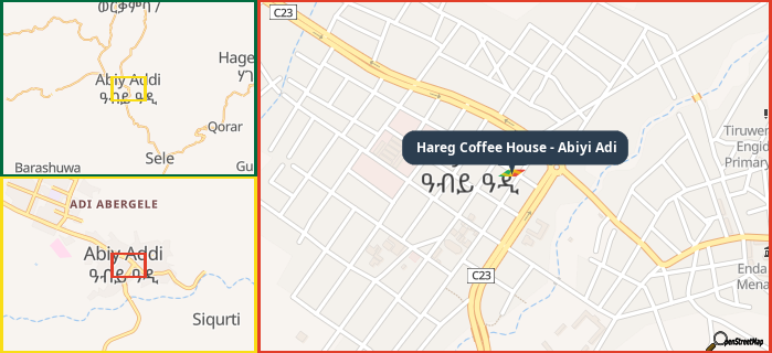Map showing the address of Hareg Coffee House - Abiyi Adi in three different zoom levels.