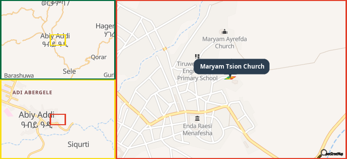 Map showing the address of Maryam Tsion Church in three different zoom levels.