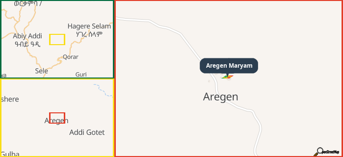 Map showing the address of Aregen Maryam in three different zoom levels.