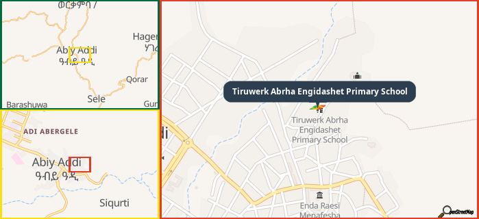 Map showing the address of Tiruwerk Abrha Engidashet Primary School in three different zoom levels.