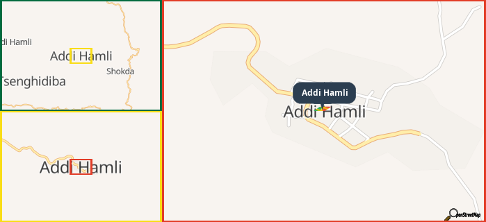 Map showing the address of Addi Hamli in three different zoom levels.