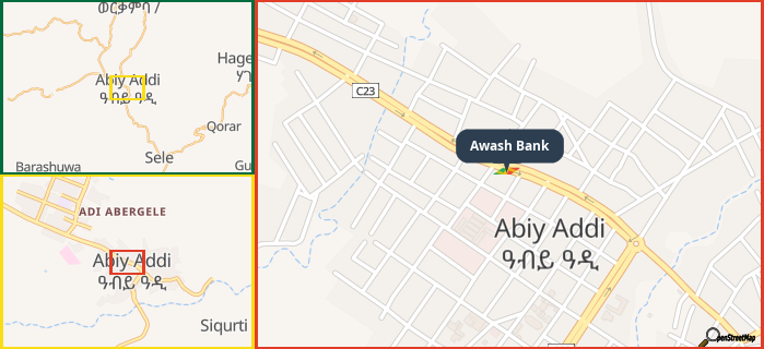 Map showing the address of Awash Bank in three different zoom levels.