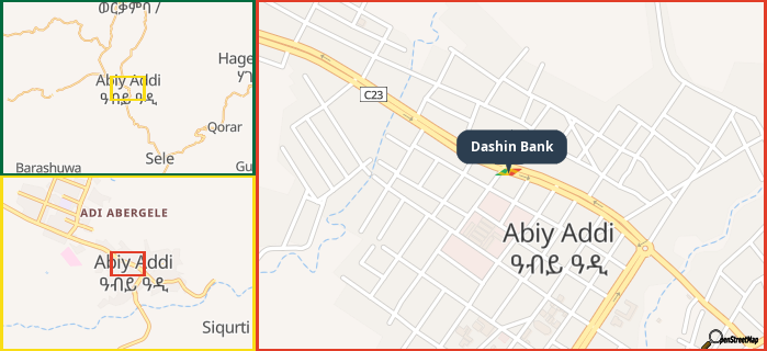 Map showing the address of Dashin Bank in three different zoom levels.
