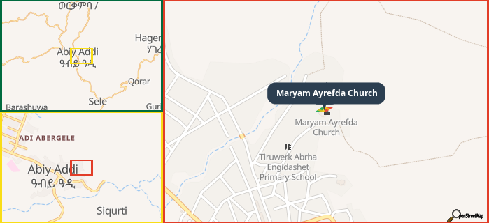 Map showing the address of Maryam Ayrefda Church in three different zoom levels.