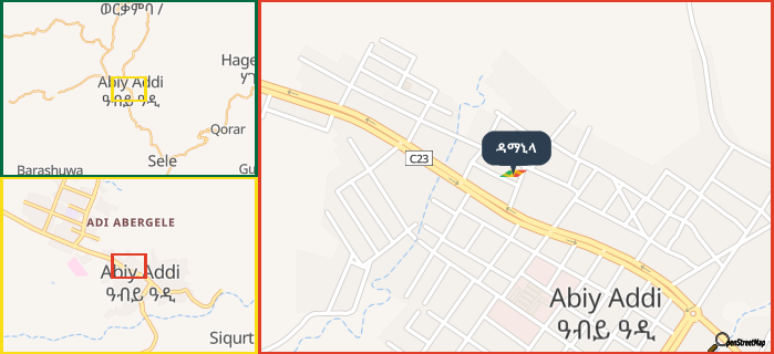 Map showing the address of ዳማኒላ in three different zoom levels.