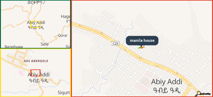 Map showing the address of manila house in three different zoom levels.