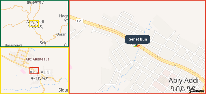 Map showing the address of Genet bun in three different zoom levels.